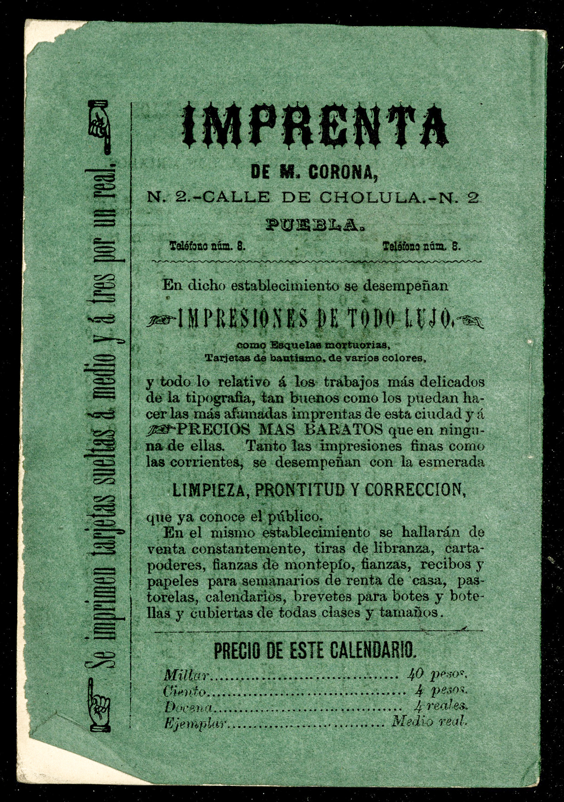 Quinto calendario de la Purísima Concepción arreglado al meridiano de Puebla para el año de 1886. 
