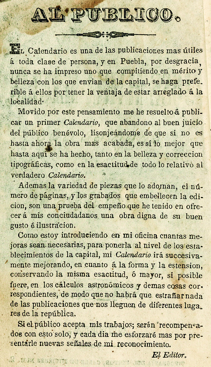Primer calendario de José María Macías para el año de 1849. Arreglado al meridiano de Puebla.