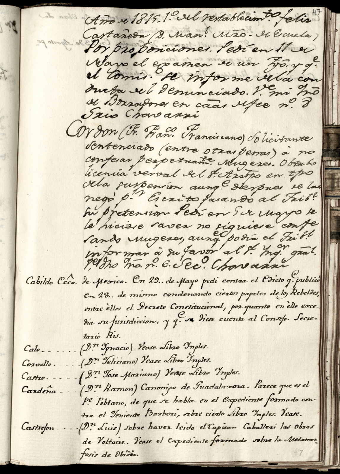 Inquisición. Registro por orden alfabetico de los reos juzgados por la Inquisicion desde el año de 1794 hasta el de 1815. México. [Manuscrito]