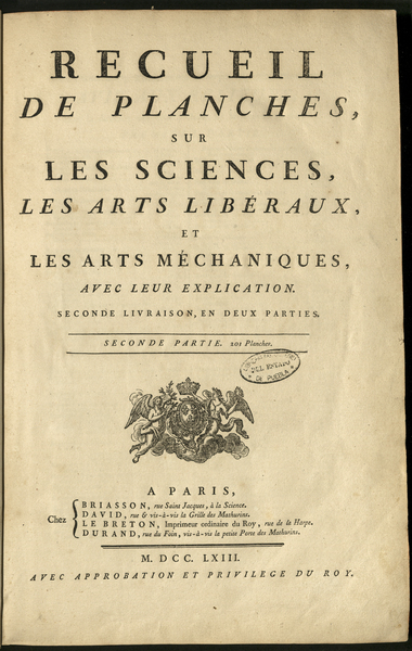 Encyclopédie, ou Dictionnaire raisonné des sciences, des arts et des métiers / <br />
Recueil de planches, sur les sciences, les arts libèraux et les arts mèchaniques, avec leur explication : Seconde Livraison, en deux parties : Seconde Partie, 201 planches.