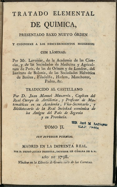 Tratado elemental de Quimica : presentado baxo nuevo órden y conforme a los descubrimientos modernos ; con láminas / Por Mr. Lavoisier ... ; Traducido al castellano por D. Juan Manuel Munarriz, ... ; Tomo II