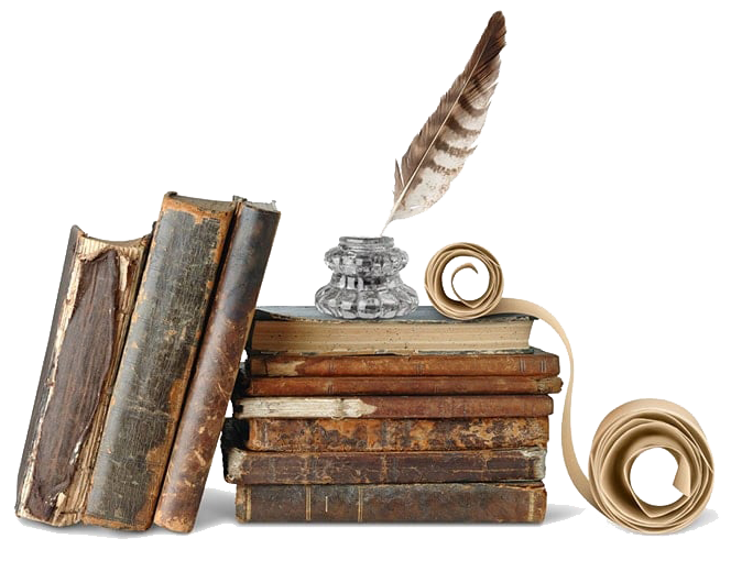Libros antiguos, tintero y pergamino